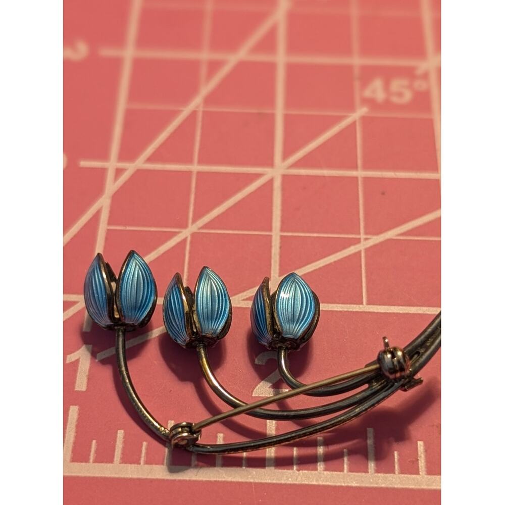 VTG Mid Century Norway 925 Silver 3 Blue Lily Of The Valley Enamel Brooch/Pin - Picture 6 of 8